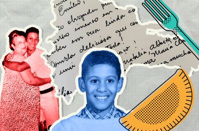 Collage with vintage photographs handwritten notes and illustrations of a fork and an empanada