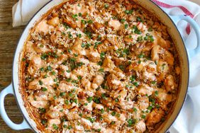 Bang Bang Chicken casserole topped with green onions and sesame seeds