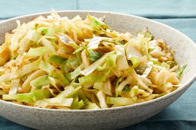 low angle looking at a bowl full of stir-fried cabbage
