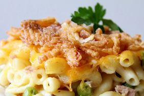 serving of easy tuna casserole on white square plate