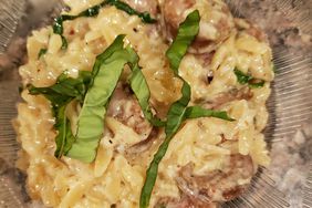 overhead view of orzo and chicken sausage