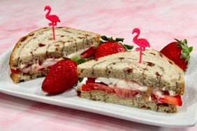 cream cheese and strawberry sandwich on cinnamon swirl bread