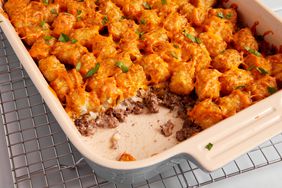 Tater tot casserole in a baking dish.
