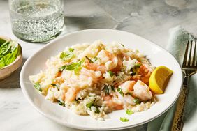 looking at a plate of one-pan shrimp and rice 