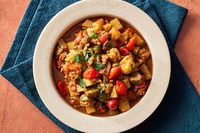 an overhead view looking into a bowl of chicken murphy.