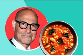 Stanley Tucci next to a bowl of his Pasta Fagioli Recipe 