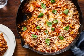 Overhead view of unstuffed pepper skillet.