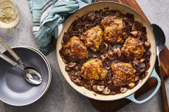 overhead shot of Chef Johnâs Coq Au Vin in pot