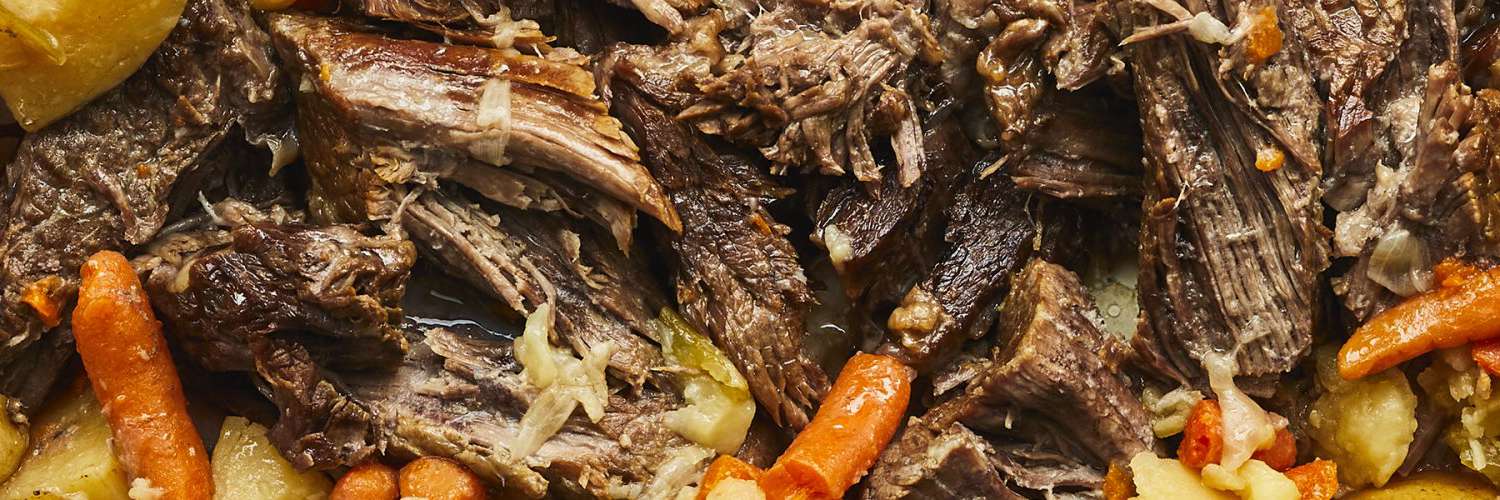 looking down at a pot roast on a platter