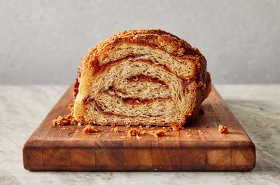 low angle looking into cinnamon babka resting on a cutting board